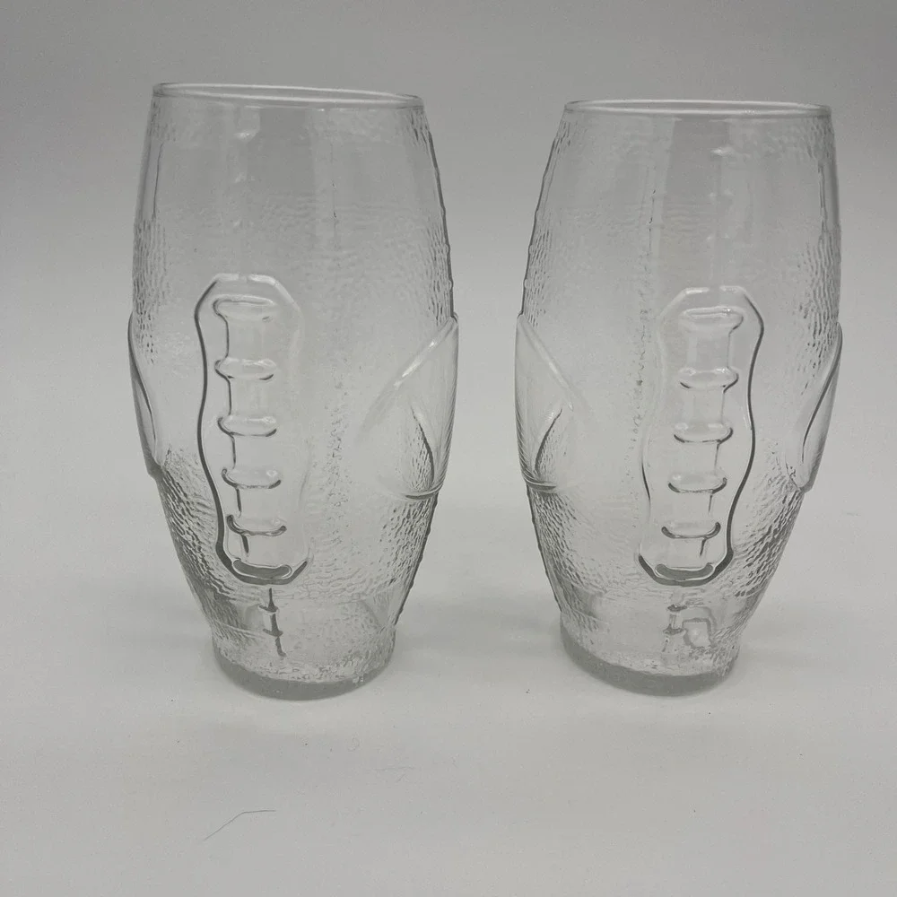 Vintage Football Shaped Glass Beer Mugs Set of 2 Clear Textured Sports Barware